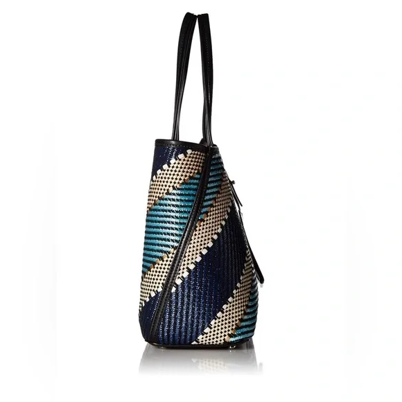 CALVIN KLEIN Jacky Raffia Straw Slouchy Tote Blue Gold Multi Bag AUTHENTIC NWT